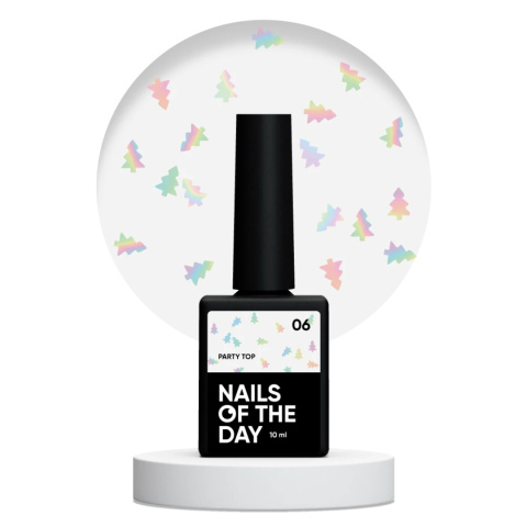 NAILSOFTHEDAY Party top 06 – przezroczysty top z holograficznymi choinkami, bez lepkiej warstwy, 10 ml.