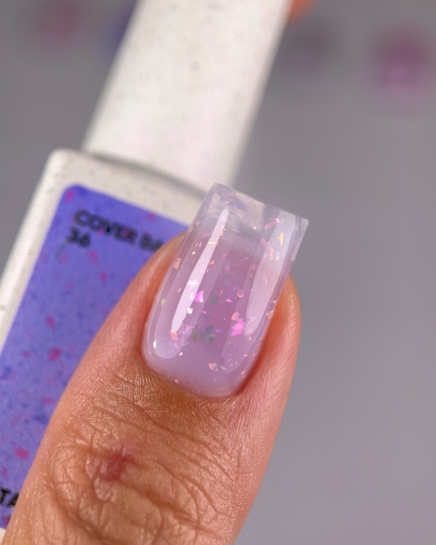 NAILSOFTHEDAY Cover base 36 – jasno-liliowa baza z holograficznymi płatkami, 10 ml