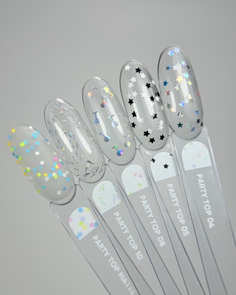 NAILSOFTHEDAY Party top 08 – przezroczysty top z holograficznymi kieliszkami, bez lepkiej warstwy, 10 ml.